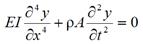 E times I times fourth order partial differential of y in respect to x plus rho times A times second order partial differential of y in respect to t equals 0.