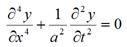 Fourth order partial differential of y in respect to x plus 1 divided by a squared times second order partial differential of y in respect to t equals 0.