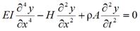 E times I times fourth order partial differential of y in respect to x minus H times second order partial differential of y in respect to x plus rho times A times second order partial differential of y in respect to t equals 0.