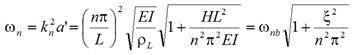 Omega subscript n equals k subscript n squared times a prime equals open parenthesis n times pi divided by L closed parenthesis squared times the square root of E times I divided by rho subscript L times the square root of 1 plus H times L squared divided by n squared times pi squared times E times I equals omega subscript n times b times the square root of 1 plus xi squared divided by n squared times pi squared.