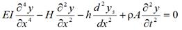 E times I times fourth order partial differential of y in respect to x minus H times second order partial differential of y in respect to x minus h times second order differential of y subscript s in respect to x plus rho times A times second order partial differential of y in respect to t equals 0.