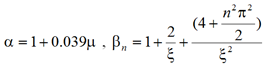 Alpha equals 1 plus 0.039 times mu, beta subscript n equals 1 plus 2 divided by xi plus open parenthesis 4 plus n squared times pi squared divided by 2 closed parenthesis divided by xi squared.