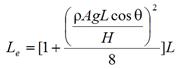 L subscript e equals open bracket 1 plus open parenthesis rho times A times g times L times cosine of theta divided by H closed parenthesis squared divided by 8 closed bracket times L.