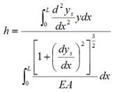 h equals integral over x from 0 to L of second order differential of y subscript s in respect to x times y times differential in x divided by integral over x from 0 to L open bracket 1 plus open parenthesis differential in y subscript s in respect to x closed parenthesis squared closed bracket raised to the power of 3 over 2 all divided by E times A times differential in x.