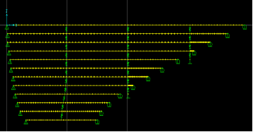 This image shows a two-dimensional finite element model of the Fred Hartman Bridge stay cable system with some crossties anchored to the deck. The stay cables broken into segments by the crossties are modeled using beam elements, and the crossties are modeled using the spring elements. The beam elements are indicated by discrete symbols along the cables. The ends of the cables are supported either on a hinge or roller, and the ends of crossties are fixed either to a cable or the deck. The crossties are spaced equally about one-fourth the distance along the longest cable.