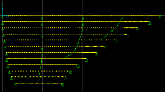This image shows a two-dimensional finite element model of the Fred Hartman Bridge stay cable system with a varied crosstie configuration, referred to as variation 1. The stay cables broken into segments by the crossties are modeled using beam elements, and the crossties are modeled using spring elements. The beam elements are indicated by discrete symbols along the cables. The ends of the cables are supported either on a hinge or roller, and the ends of crossties are fixed to a cable. The crossties are spaced equally about one-fourth the distance along the longest cable and are curvilinear.