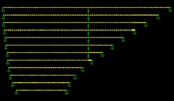 This image shows a two-dimensional finite element model of the Fred Hartman Bridge stay cable system with a varied crosstie configuration, referred to as variation 2. The stay cables broken into segments by the crossties are modeled using beam elements, and the crossties are modeled using the spring elements. The beam elements are indicated by discrete symbols along the cables. The ends of the cables are supported either on a hinge or roller, and the ends of crossties are fixed to a cable. The single crosstie line bisects the longest cable.