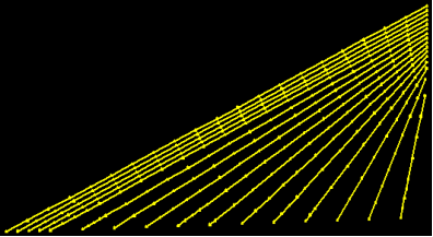 This image shows a finite element model of the Bill Emerson Memorial Bridge stay cable system without crossties. The ends of the stay cables are assumed to be fixed either to the deck or tower.