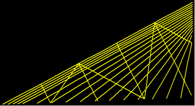 This image shows a finite element model of the Bill Emerson Memorial Bridge stay cable system. Four parallel lines of crossties perpendicular to the longest cable and equally dividing this cable into five segments are combined with an additional four zigzag lines of crossties to be considered in analysis. The ends of the stay cables and crossties are assumed to be fixed either to the deck or tower.
