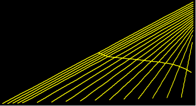 This image shows a finite element model of the Bill Emerson Memorial Bridge stay cable system with a single curvilinear crosstie line. This single crosstie line bisects each of the cables that it intersects with. The ends of the stay cables and crossties are assumed to be fixed either to the deck or tower.