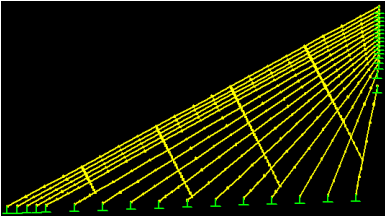 This image shows a finite element model of the Bill Emerson Memorial Bridge stay cable system. Four parallel lines of crossties perpendicular to the longest cable and equally dividing the cable into five segments are used. The ends of crosstie lines are not anchored to the deck, while the ends of the stay cables are fixed either to the deck or tower.