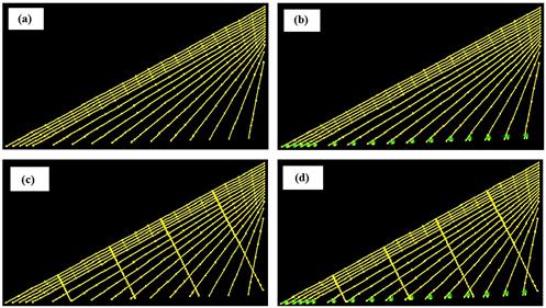 This image shows finite element model of a stay cable system of the Bill Emerson Memorial Bridge (a) without crossties or dampers, (b) without crossties and with dampers, (c) with crossties and without dampers, and (d) with crossties and dampers. A viscous damper is installed on each cable near its deck anchorage, and four parallel lines of crossties are used. For all four plots, the ends of the stay cables and crossties are assumed to be fixed either to the deck or tower.