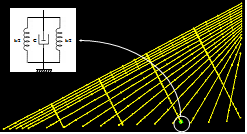 This image shows a finite element model of a stay cable system of the Bill Emerson Memorial Bridge augmented with crossties and a damper. Four parallel lines of crossties form a cable network, and a single viscous damper is installed at the crosstie anchorage to the deck.