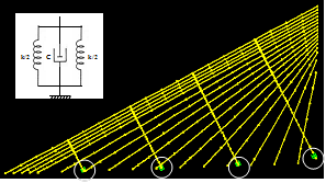 This image shows a finite element model of a stay cable system of the Bill Emerson Memorial Bridge augmented with crossties and dampers. Four parallel lines of crossties form a cable network and a total of four viscous dampers are installed at the crosstie anchorages to the deck.