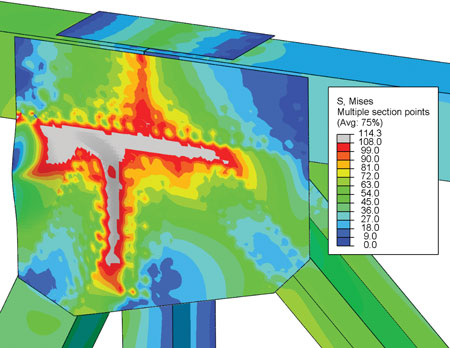 Figure 4. Graph. Von Mises stress contours of model with chamfered end compression diagonal. (Gray contour represents yielded material.) This figure shows a model that includes members with a chamfered diagonal. The model is color-coded, with each colored section representing a certain von Mises stress level in KSI. The model shows that with the chamfer present, buckling still occurs, but only after a significant amount of yielding.