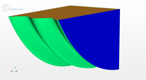 This illustration shows an oblique view of a symmetrical half section model. Along the flow direction, the model is truncated to include two corrugations starting at one trough section and ending two trough sections later.