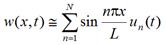 The multivariable solution of w with variables x and t is approximately the summation, as n goes from 1 to N, of sine begin parentheses n times pi times x divided by L end parentheses times u subscript n of t.