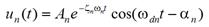 The solution of u subscript n of t equals A subscript n times e to the begin superscript negative zeta subscript n times omega subscript n times t end superscript times cosine begin parentheses omega subscript d n times t minus alpha subscript n end parentheses.