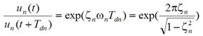 u subscript n of t divided by u subscript n of begin parentheses t plus T subscript d n end parentheses equals e to the power of begin parentheses zeta subscript n times omega subscript n times T subscript d n end parentheses equals e to the power of begin parenthesis two times pi times zeta subscript n divided by the begin square root of one minus zeta subscript n squared end square root end parenthesis.