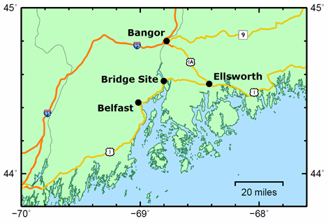 This illustration is a map of the coastline in Maine surrounding the bridge site. The bridge is located on US Route 1, which passes through the towns of Belfast and Ellsworth, and the map also features Interstate 95, which passes through Bangor, ME, north of the bridge site. This illustration is a map of the coastline in Maine surrounding the bridge site. The bridge is located on US Route 1, which passes through the towns of Belfast and Ellsworth, and the map also features Interstate 95, which passes through Bangor, ME, north of the bridge site.