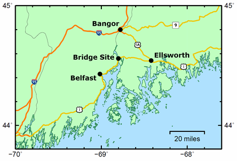 This illustration is a map of the coastline in Maine surrounding the bridge site. The bridge is located on US Route 1, which passes through the towns of Belfast and Ellsworth, and the map also features Interstate 95, which passes through Bangor, ME, north of the bridge site.
