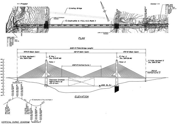 This illustration features both an overhead contour map of the bridge site and a side view elevation of the bridge towers, deck, and cables, and the profile of the riverbed crossing. This illustration features both an overhead contour map of the bridge site and a side view elevation of the bridge towers, deck, and cables, and the profile of the riverbed crossing.