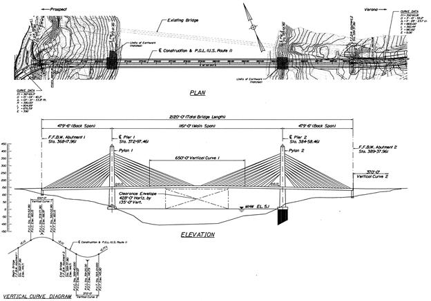 This illustration features both an overhead contour map of the bridge site and a side view elevation of the bridge towers, deck, and cables, and the profile of the riverbed crossing.