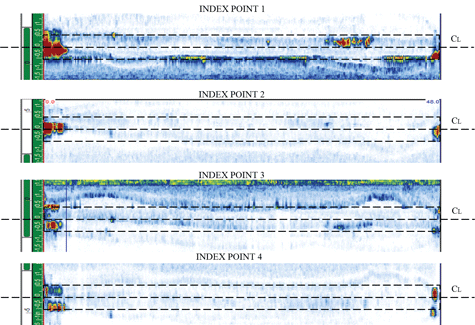 Figure 7. Diagram. Volume-corrected C-scan images from specimen TP-3. The figure shows four volume-corrected C-scan images. The images are from four index points developed in the scan plan. The X-axis is the scanning distance, and the Y-axis represents the width of coverage of the scan. The images are colored, and the areas with red color saturation represent the flaws in the test specimen TP-3.