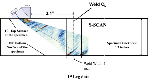 Figure 8. Diagram. S-scan indicating defects located at the bottom half of specimen TP-3. The figure is a schematic illustration of the specimen TP-3 with the S-scan view superimposed on the schematic. The illustration represents the data acquired using the first leg.