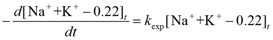 This equation describes the first order reaction for changes in alkali concentrations. Minus derivative open bracket Na superscript + plus K superscript + minus 0.22 closed bracket with respect to the t equals k subscript exp times open bracket Na superscript + plus K superscript + minus 0.22 closed bracket subscript t.