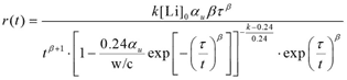 This equation describes the rate of loss of lithium ions per gram of cement. r open parenthesis t closed parenthesis equals fraction: numerator - k times open bracket Li closed bracket subscript 0 times a subscript u times ß times t raised to the power of ß divided by (denominator) -t raised to the power of ß plus 1 times open bracket 1 minus 0.24 times a subscript u divided by 0.24 times exp open parenthesis t divided by t closed parenthesis raised to the power of ß closed bracket closed bracket raised to the power of k minus 0.24 divided by 0.24 times exp open parenthesis t divided by t closed parenthesis raised to the power of ß.