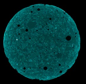 This photo shows an X-ray image of a cross-section of a circular sample before immersing it in 1 N NaOH solution. The pores are visible as a black spots on the surface of the sample. The unhydrated cement particles can be seen as white and grey speckles. The aggregate particles are gray-greenish in color, and the matrix is a light bluish-green in color. There are no signs of visible cracks.