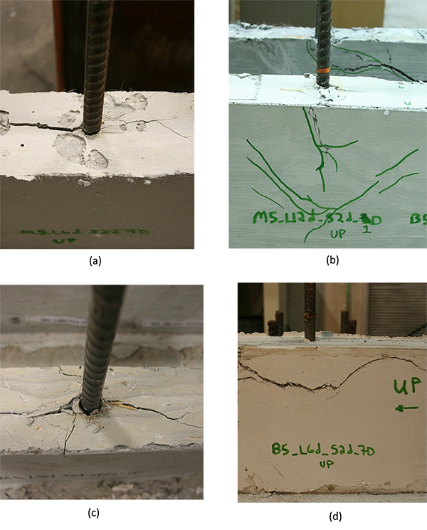 Figure 12. Photo. Crack patterns: (a) longitudinal splitting cracks to adjacent No. 8 bars; (b) splitting cracks to side face; (c) splitting cracks to side face and adjacent No. 8 bars; and (d) UHPC tensile failure with opened diagonal cracks. The illustration includes four photos showing the possible failure modes during the pullout test. Figure 12a is the photo showing a splitting failure with crack propagating to adjacent No.8 bars,  Figure 12b is the photo showing a splitting failure with crack propagating to the side faces of the UHPC strip, Figure 12c is the photo showing a splitting failure with crack propagating to both the adjacent No.8 bars and the side faces of the UHPC strip, and Figure 12d is the photo showing a failure with the pullout tensile force separates a roughly planar region of concrete from the rest of the specimen.