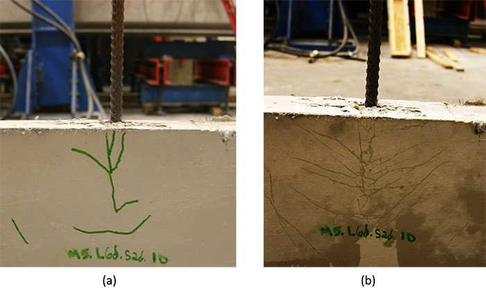 Figure 13. Photo. Diagonal crack observation: (a) visual inspection; and (b) crack inspection with denatured alcohol. This illustration includes two photos showing the diagonal cracks formed on the side surface.  Figure 13a shows a few conical cracks observed with unaided vision; Figure 13b shows the diagonal cracks observed with the aid of denatured alcohol on the same specimen. More diagonal cracks appeared after the denatured alcohol evaporated from the surface..