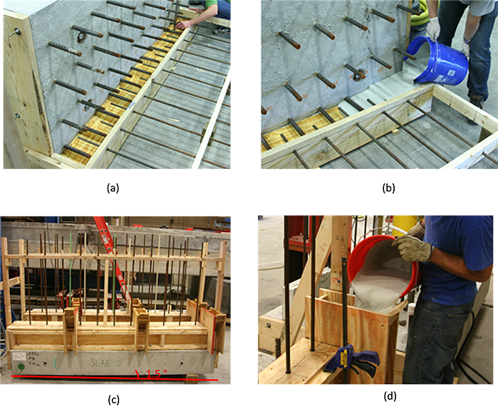 Figure 8. Photograph. UHPC strip casting setup and orientation. It includes four pictures. The pictures show two different setups for UHPC casting. Parts a and b of the figure show the casting setup with the specimen sitting on its side and casting from one end. Parts c and d of the figure show the orientation involved when casting the specimen upright.