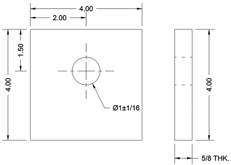 This illustration shows a drawing of a test plate. The left  side of the figure shows the face of the test plate geometry. There is a square  with a hole within. The square has dimensions of 4-by-4 inches, and the hole is  centered within the plate horizontally and centered 1.5 inches down from the  top edge. The hole has a diameter of 1 inch with a tolerance of plus/minus 1/16  inch. The right side of the figure shows an elevation view of the plate. The  plate is 5/8 inch wide.
