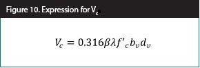 Figure 10. Equation. Expression for Vc. The equation calculates the nominal shear resistance provided by tensile stresses in the concrete, V sub c in kips, as equal to the product of 0.0318, beta, lambda, f prime sub c, b sub v, d sub v.