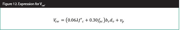 Figure 12. Equation. Expression for Vcw. The equation calculates the nominal shear resistance provided by concrete when inclined cracking results from excessive principal tensions in the web, V sub cw in kips, as equal to V sub p plus b sub v, d sub v multiplied by the sum of the product of 0.06, lambda, f prime sub c and 0.30 multiplied by f sub pc.