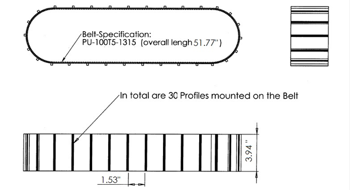 The diagram has three parts. The belt is shown in profile from the side on the upper left, in profile from the front in the upper right, and from the top in the lower half of the figure. The belt is 3.94 inches (100 mm) wide. Thirty roughness elements (profiles) are mounted on the belt spaced at 1.53 inches (38.9 mm) for a total belt length of 51.77 inches (1,314 mm). The belt specification is PU-100T5-1315.