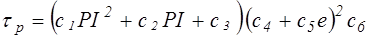 The equation calculates tau sub p as equal to open parenthesis c sub 1 times PI squared plus c sub 2 times PI plus c sub 3 close parenthesis times open parenthesis c sub 4 plus c sub 5 times e close parenthesis squared times c sub 6.