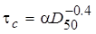 The equation calculates tau sub c as equal to alpha times D sub 50 exponent -0.4.