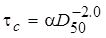 The equation calculates tau sub c as equal to alpha times D sub 50 exponent -2.0.