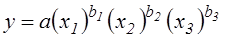 The equation calculates y as equal to a times x sub 1 exponent b sub 1 times x sub 2 exponent b sub 2 times x sub 3 exponent b sub 3.