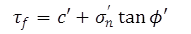 The equation calculates tau sub f as equal to c prime plus the product of sigma prime sub n and tangent of phi prime.