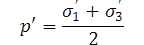 The equation calculates p prime as equal to one half the sum of sigma prime sub 1 and sigma prime sub 2.