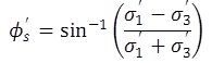 The equation calculates phi prime sub s as equal to the arcsine of the ratio of the difference of sigma prime sub 1 and sigma prime sub 3 and the sum of sigma prime sub 1 and sigma prime sub 3.