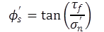 The equation calculates phi prime sub s as equal to the tangent of the ratio of tau sub f and sigma prime sub n.