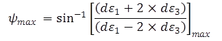 The equation calculates psi sub max as equal to the arcsine of the maximum quotient of the sum of d epsilon sub 1 and twice d epsilon sub 3 and the difference of d epsilon sub 1 and twice d epsilon sub 3.