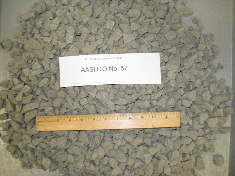 This photo shows the American Association of State and Highway Transportation Officials M43 gradation-based designated No. 57 aggregates with a diabase rock source supplied from a quarry in Sterling, VA. The maximum values of dmax and d50, in inches, are 1.0 and 0.569, respectively. They are classified as a poorly graded gravel based on Unified Soil Classification System. The minimum and maximum unit weights, in pounds per cubic foot, are 95.4 and 108.7 respectively.