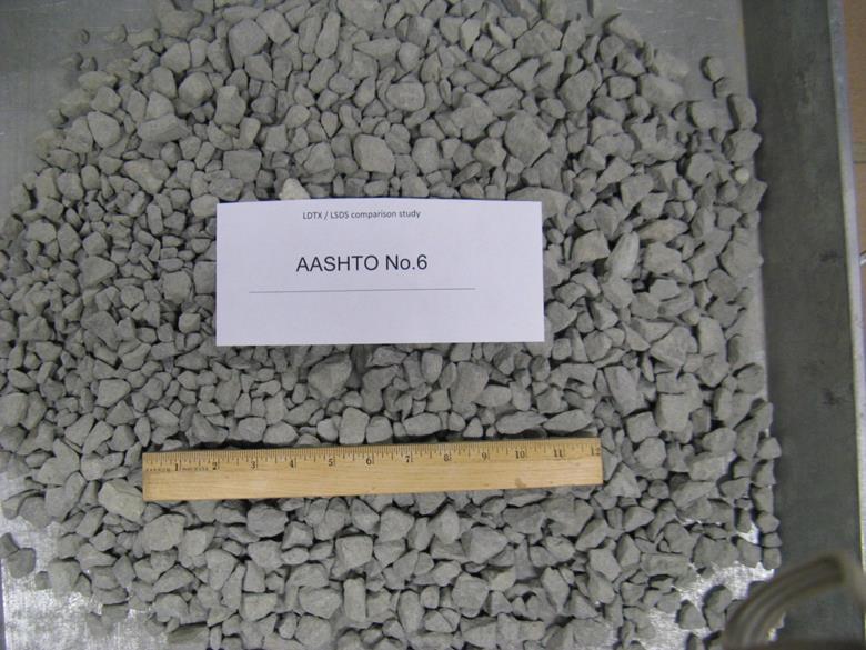 This photo shows the American Association of State and Highway Transportation Officials M43 gradation-based designated No. 6 aggregates with a diabase rock source supplied from a quarry in Ashburn, VA. The maximum values of dmax and d50, in inches, are 1.0 and 0.511 respectively. They are classified as a poorly graded gravel based on the Unified Soil Classification System. The minimum and maximum unit weights, in pounds per cubic ft, are 101.0 and 110.3, respectively.